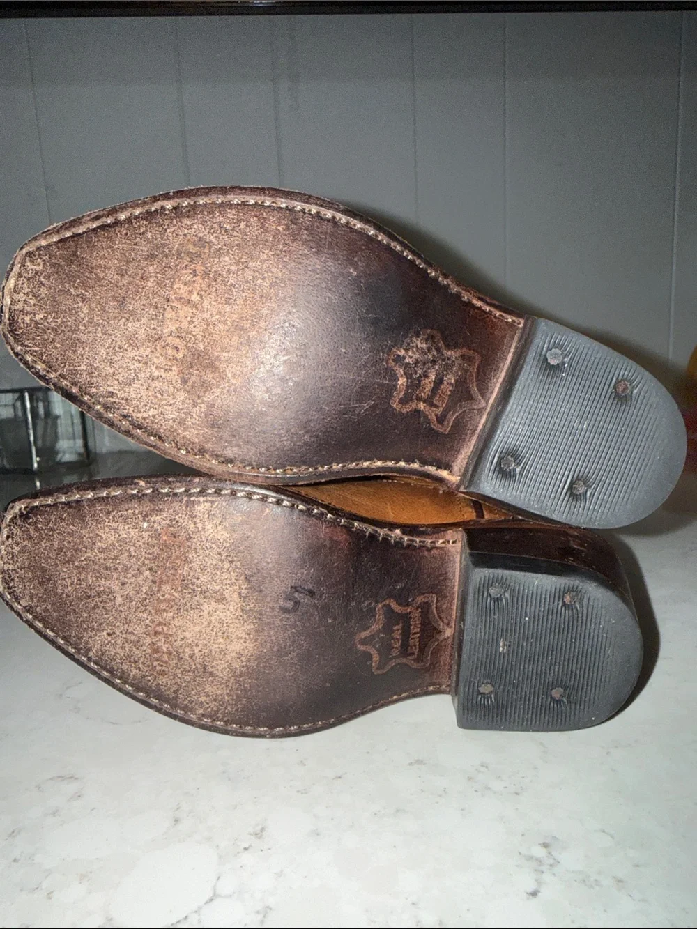 Old West Brown Leather Kids Western Boots with Yellow Stitching
